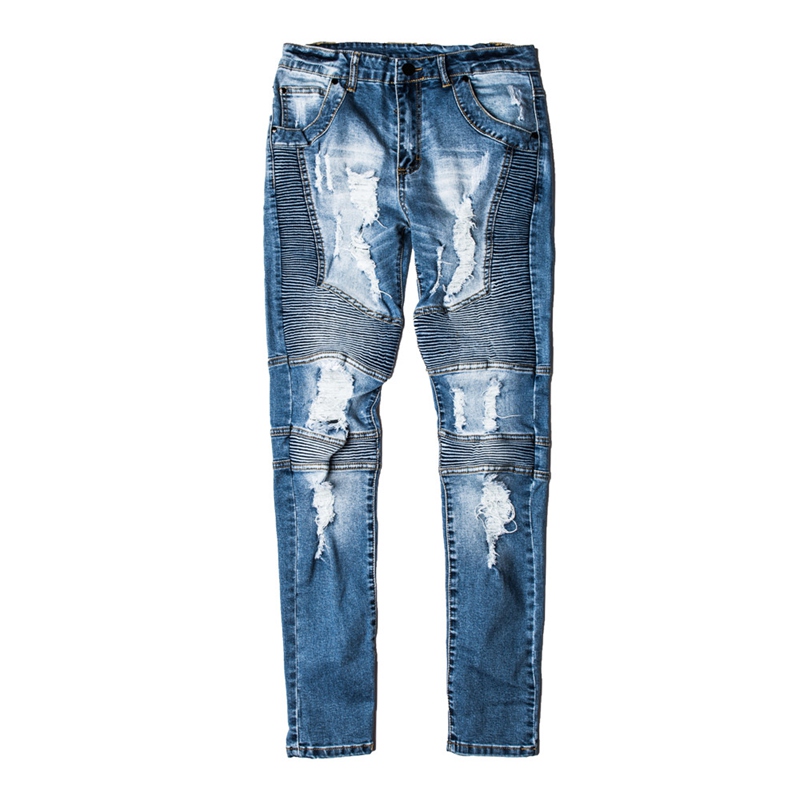 秋季牛仔裤男装欧美潮牌修身拼接膝盖破洞补丁男式牛仔裤新款(6DFB)