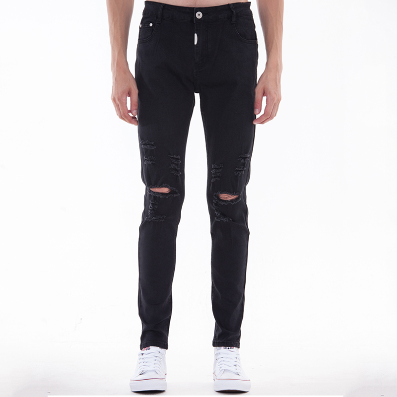 欧美高街复古做旧小脚男水洗宽松乞丐膝盖破洞牛仔裤