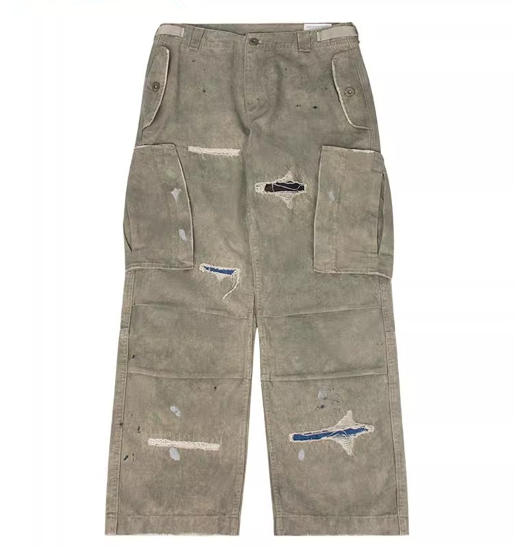 美式复古泼墨重磅做旧口袋破坏工装裤直筒情侣休闲军裤