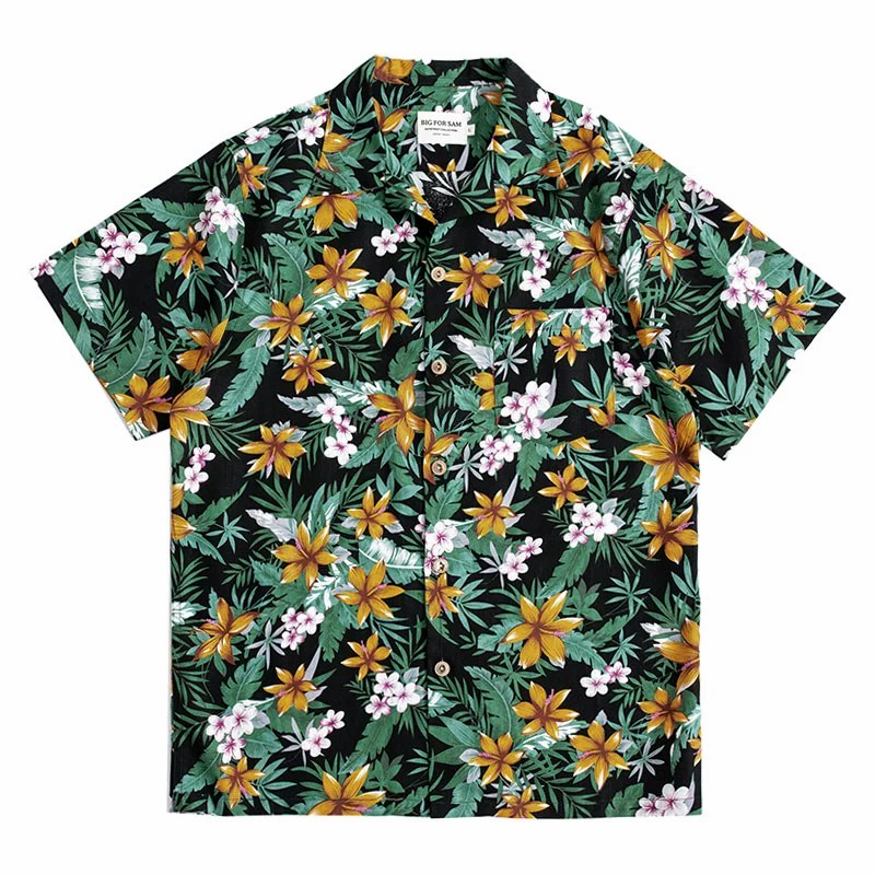 植物花卉夏威夷美式短袖衬衫男古巴领情侣复古花衬衣