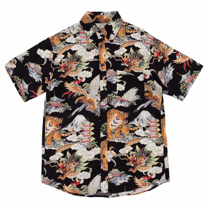 龙虎鹰夏威夷短袖花衬衫男 美式复古情侣沙滩花衬衣潮