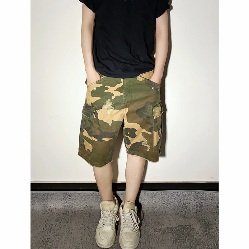 美式复古2025夏季重磅水洗迷彩五分裤宽松直筒口袋工装短裤男潮