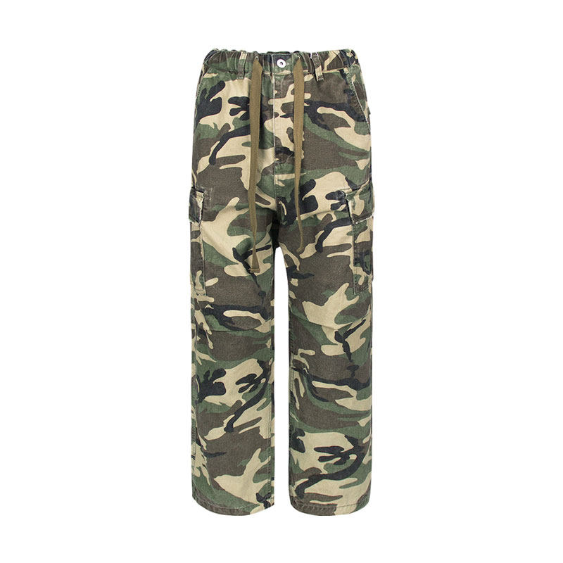 抽绳迷彩工装裤宽松复古水洗做旧长裤男潮牌多袋直筒裤